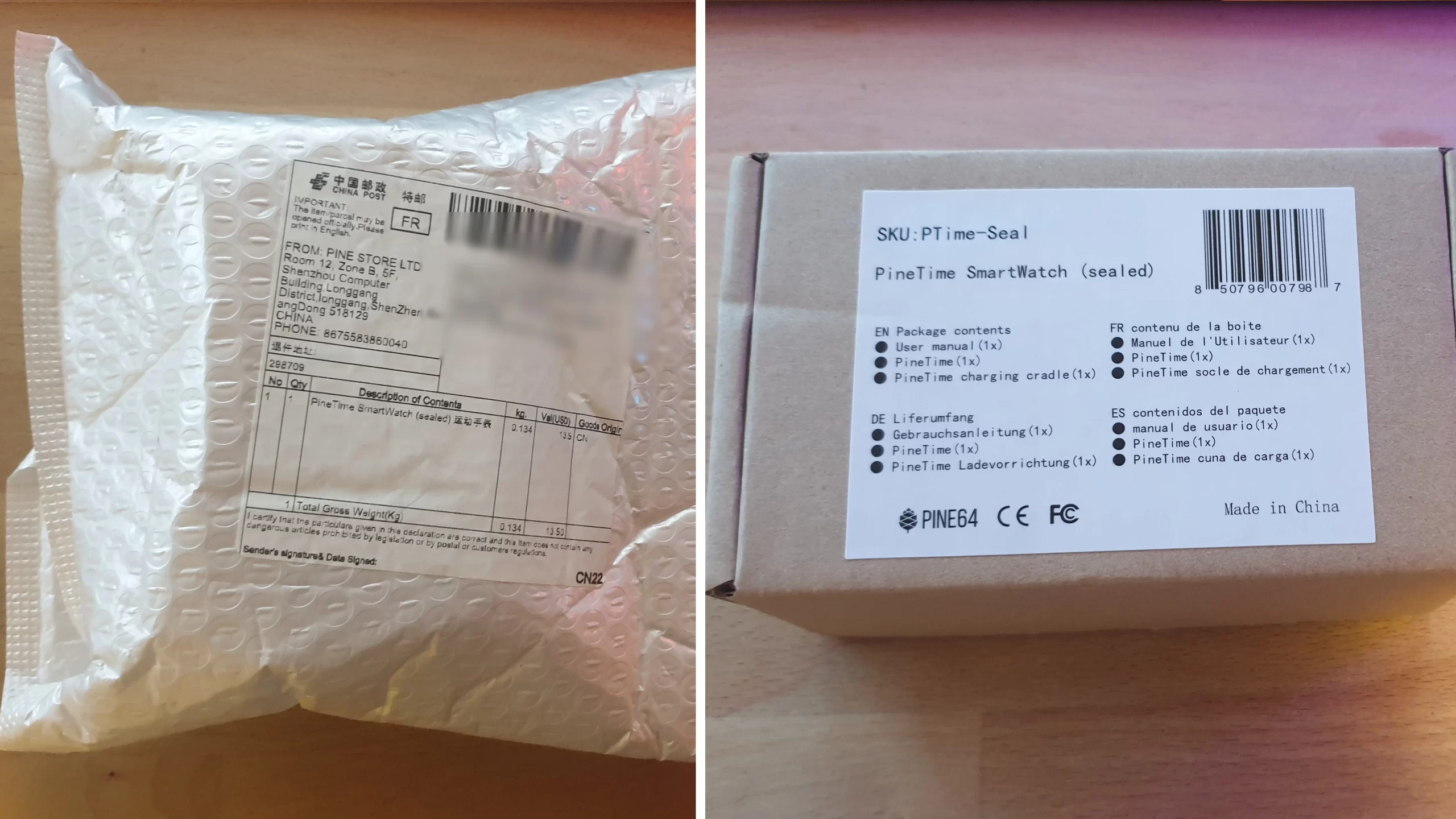 The box of the PineTime when it arrived.